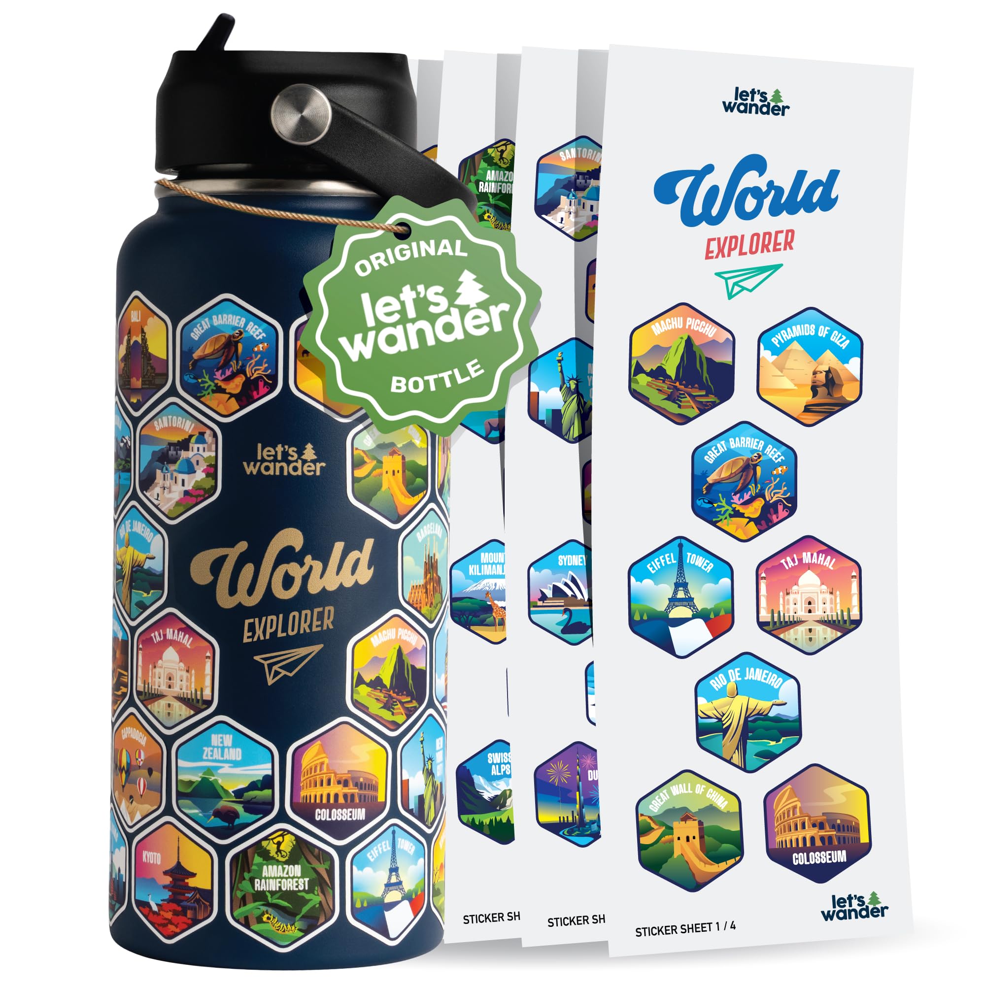 LET'S WANDER World Explorer Adventure Water Bottle with 50 Waterproof Stickers - 32oz Leakproof Insulated Stainless Steel with Straw - Travel Goal Gift Bottle (White)