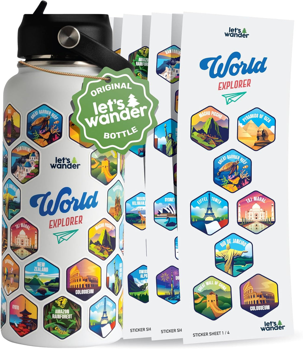 LET'S WANDER World Explorer Adventure Water Bottle with 50 Waterproof Stickers - 32oz Leakproof Insulated Stainless Steel with Straw - Travel Goal Gift Bottle (White)