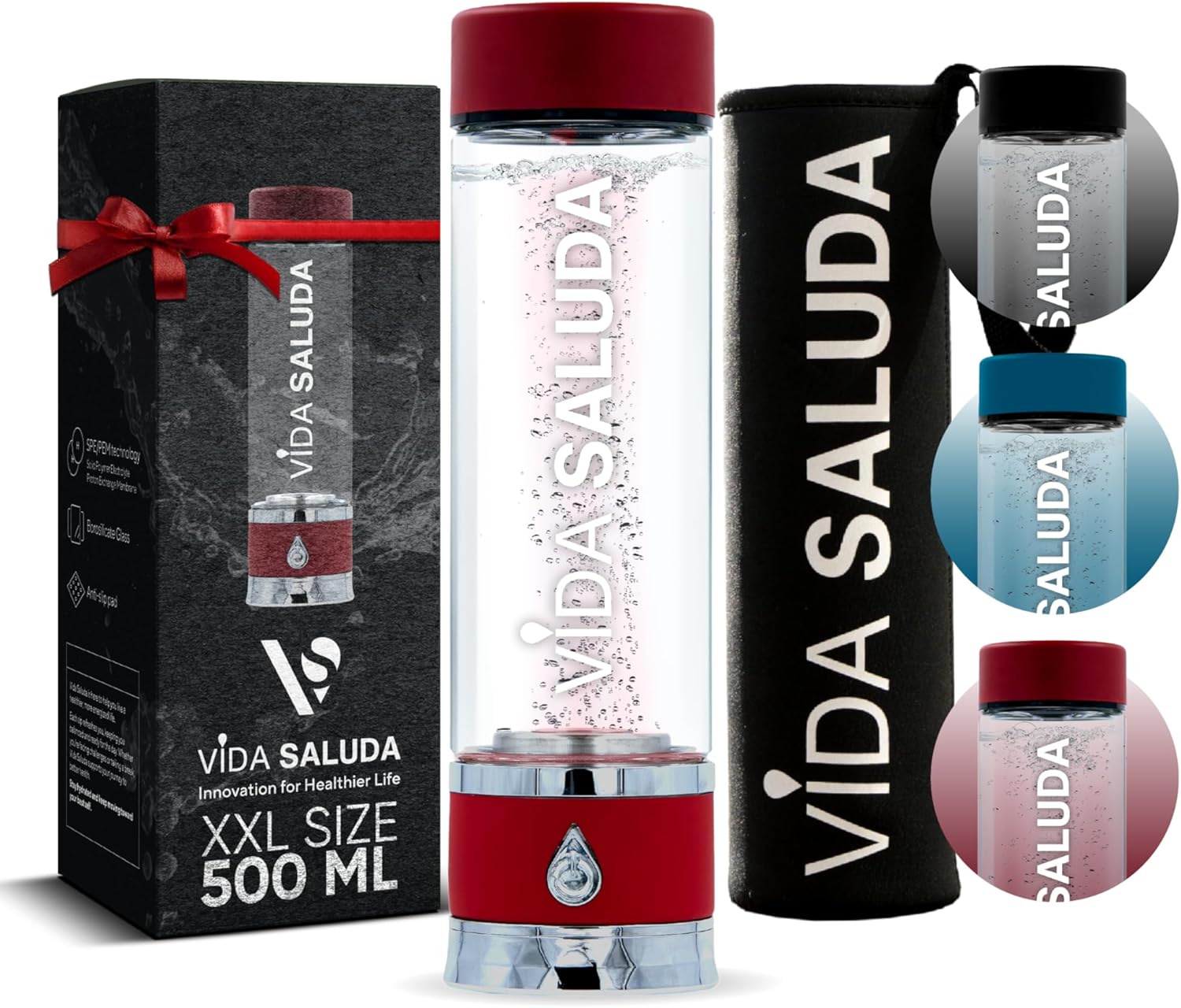 Hydrogen Water Bottle Generator 500ml Portable SPE PEM Hydrogen Rich Water Maker with Titanium Platinum Plates Fast Rechargeable Ionized Water Bottle for Home Travel Gym Hydration - Red