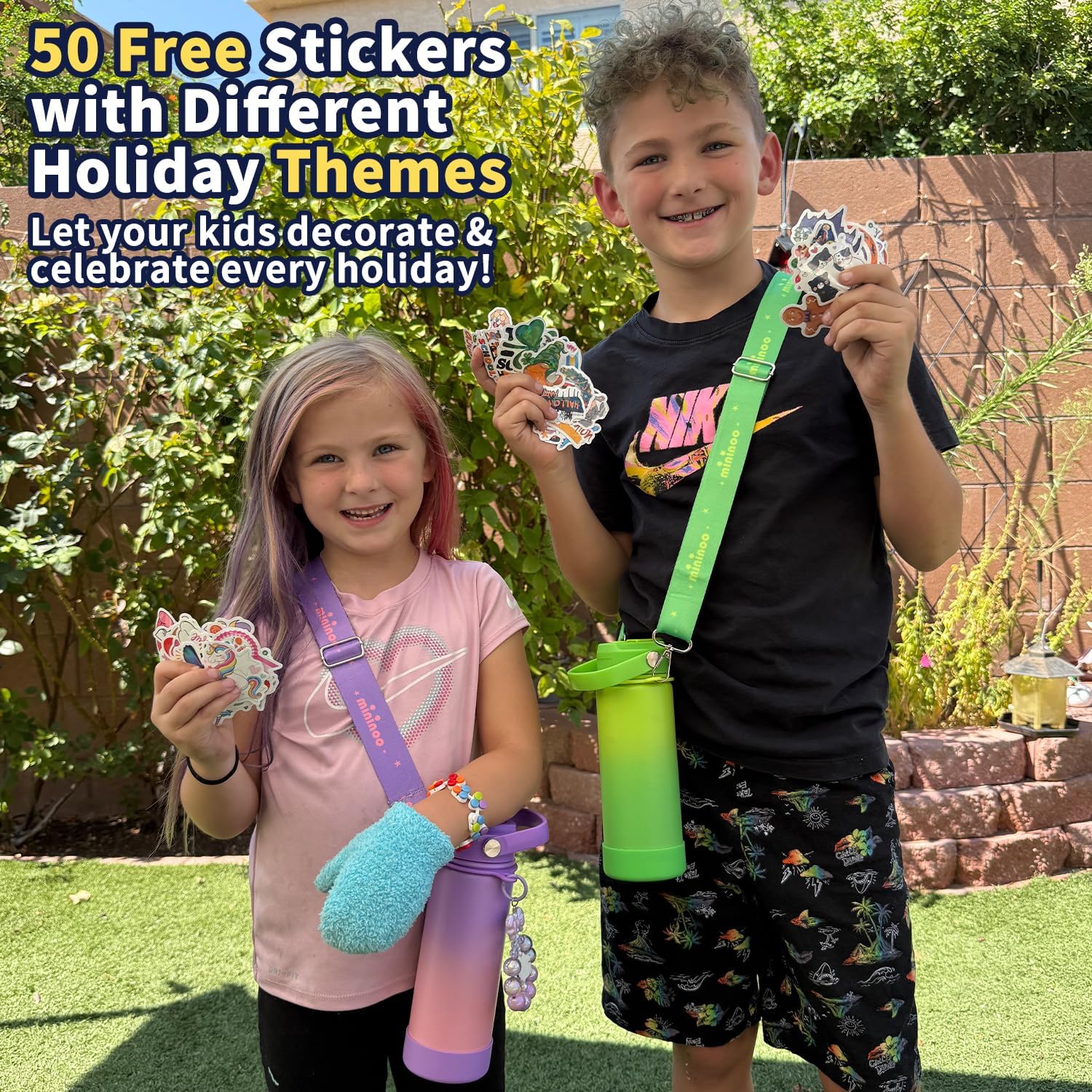 Mininoo Insulated Stainless Steel Kids Water Bottle for School with Straw Lid & Strap, 50 Stickers, 18 oz(Purple/Pink)