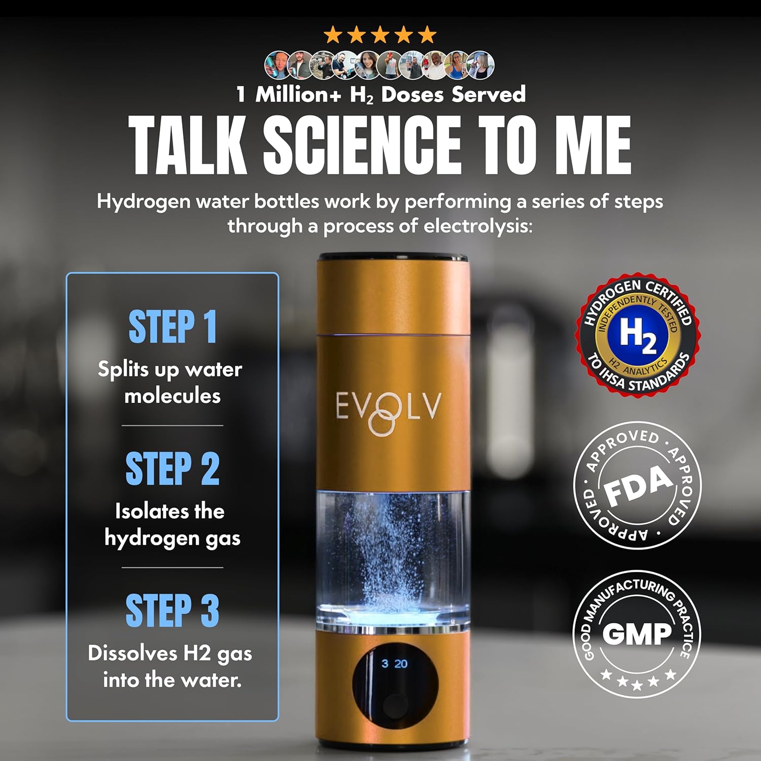 EVOLV Hydrogen Water Bottle Generator – SPE & PEM Water Ionizer 5.4PPM, Highest H2 Concentration – Portable 8oz Hydrogenated Water Bottle – Leak-Proof Hydrogen Water Machine, Easy to Use – Champagne