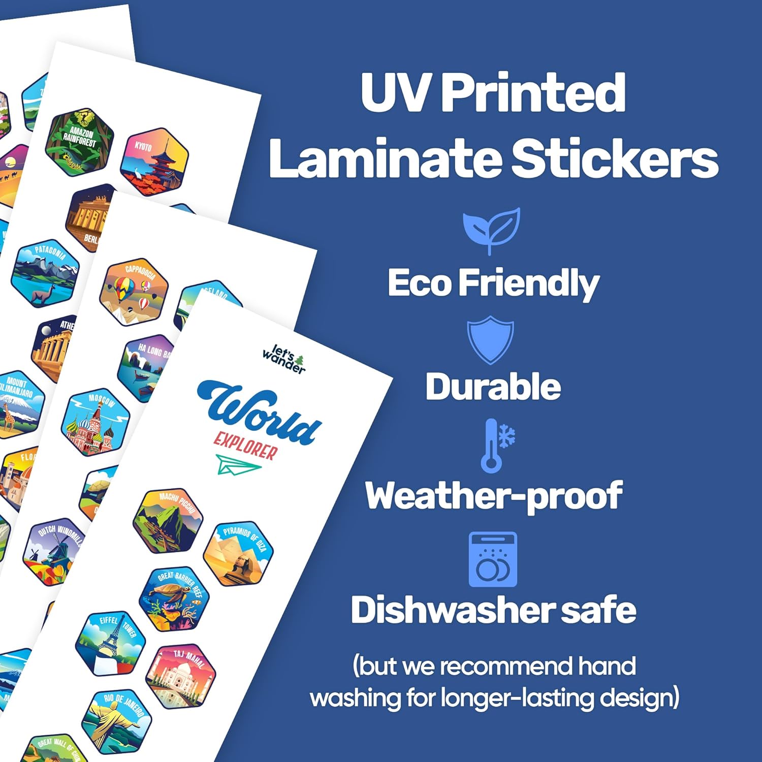 LET'S WANDER World Explorer Adventure Water Bottle with 50 Waterproof Stickers - 32oz Leakproof Insulated Stainless Steel with Straw - Travel Goal Gift Bottle (White)