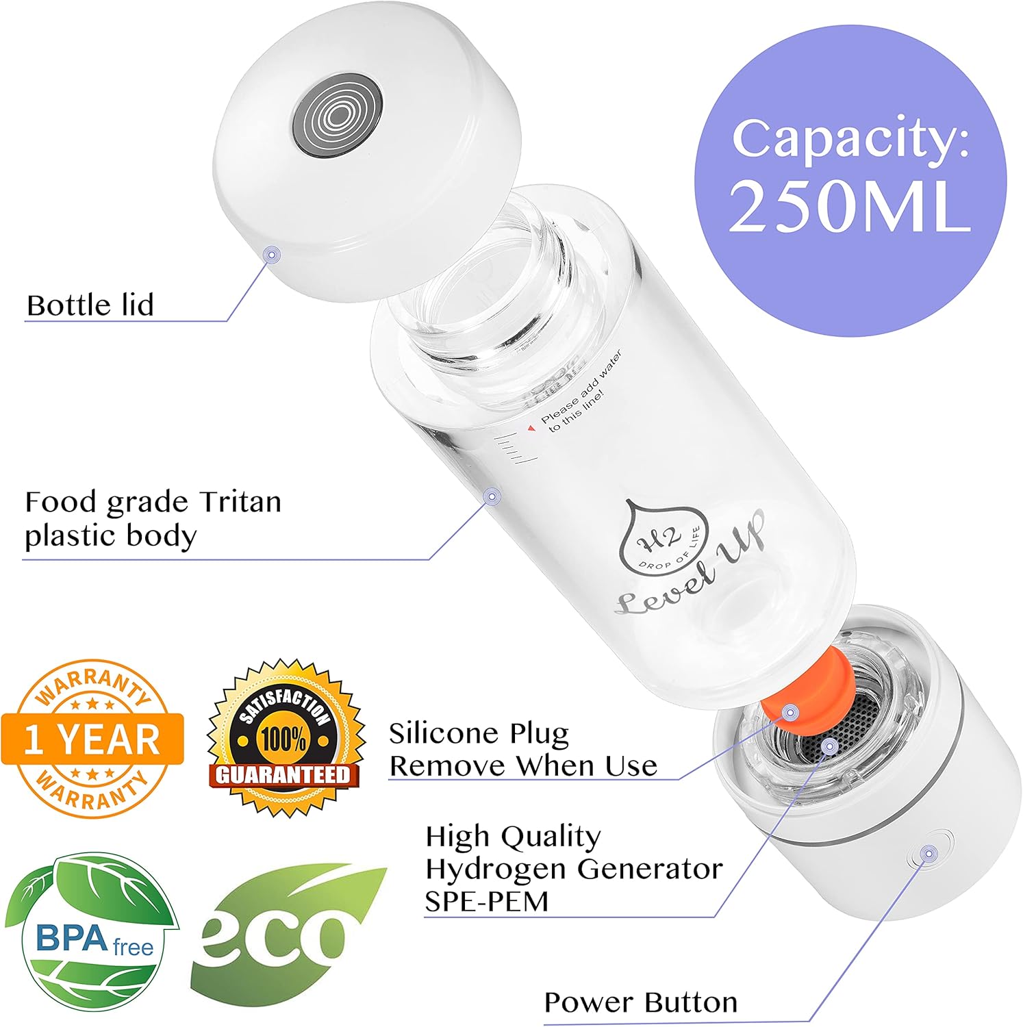 LevelUpWay 2025 Hydrogen Water Bottle Generator with SPE PEM Technology– Up to 4000 PPB – Dual Chamber – 250ml – (White) – Enhanced Hydration Solution
