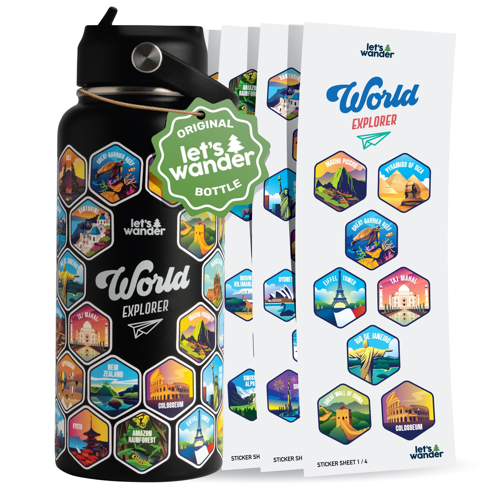 LET'S WANDER World Explorer Adventure Water Bottle with 50 Waterproof Stickers - 32oz Leakproof Insulated Stainless Steel with Straw - Travel Goal Gift Bottle (White)